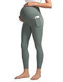 CRZ YOGA Damen Butterluxe Umstandsleggings mit Taschen High Waist Umstandshose Blickdichte Schwangerschaft Yoga Leggins - 64cm Grauer Salbei 42