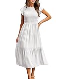CMTOP Sommerkleid Damen Lang Kleider Sommer Casual Flatterärmel Strandkleid Rüschen Gerüschte Maxikleid Rundhals Elastische Taille Sommerkleider Knielang Gestuftes A Linien Kleid(Weiß, S)