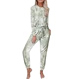 Damen-Pyjama-Set, langärmelig, Loungewear-Set, Rundhalsausschnitt, Oberteil und Pyjamahose mit Taschen, modisches Batikmuster, Nachtwäsche-Set, lockere Hose mit Kordelzug, leicht, Homewear zum