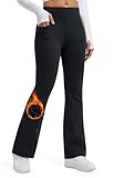 Libin Damen Thermo Flared Leggings Thermohose Wanderhose Wasserabweisend Winter Sporthose Schlaghose Yogahose Bootcut Hose mit Taschen, Schwarz XS