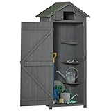 Outsunny Gartenschrank Gartenhaus Gerätehaus Geräteschuppen mit Fachböden Asphaltdach Fenster Holz Grau+Grün 77 x 54,2 x 179 cm