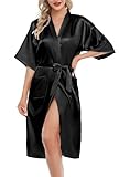 Lovasy Bademantel Damen Satin Japanisch Kimono Jacke Damen mit Gürtel Sexy Morgenmantel Leicht Pyjama für Hochzeit Braut Party,Schwarz,S
