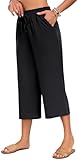 Neineiwu Damen Leichter Jogger Caprihose Casual Hose Workout Sporthose Damen 3/4 mit Tasche Stoffhose Damen Sommer Palazzo Hose Damen Sommer Taille mit Tunnelzug und Taschen,Black,XXL