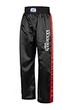 BAY Edel Stick Kickboxhose, schwarz mit roten Seitenstreifen gestickte Schrift Kickboxen Thaiboxhose lang Hose Kick-Boxen Thaiboxen Muay Thai Satinhose (M)