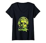 Damen DJ Buddha Musik Kopfhörer Buddhismus Tanz Musik Techno T-Shirt mit V-Ausschnitt