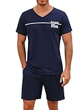 Marvmys Herren Schlafanzug Kurz Pyjama Baumwolle V-Ausschnitt Nightwear Sommer Nachtwäsche Pyjamaset Kurzarm T-Shirt Schlafanzughose Shorty