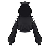 Damen-Sweatshirt mit Katzenohren und langen Ärmeln, lässig, mit Aussparungen an den Seiten, kurzes Oberteil, Schwarz , 46