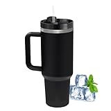 Hrobig Thermobecher mit Strohhalm und Henkel, 1180ml 40oz Kaffeebecher To Go mit Deckel, Doppelwandiger Edelstahl Vakuum Isolierbecher, Tragbare Autobecher für Kalte Heiße Getränke - Schwarz