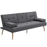 HOMCOM Schlafsofa, 3-Sitzer-Schlafcouch mit Klappbarem Tisch, Becherhalter, Bettsofa mit Leinenoptik, im Skandi-Design, bis 250 kg Belastbar, für Wohzimmer, Dunkelgrau