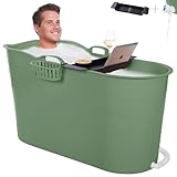 HelloBath® Mobile Badewanne für Erwachsene XL 122x56x64 cm | mit Badewannenablage & Seifenkorb | Komfortable Sitzbadewanne Erwachsene zur Tiefenentspannung | Badezimmer & Outdoor (Salbei Grün)