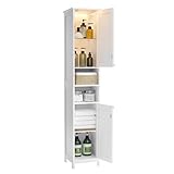 VASAGLE Badezimmerschrank mit Beleuchtung, hoch, schlanker Badschrank, Aufbewahrungsschrank mit verstellbaren Ablagen, offene Fächer, für kleine Räume, modern, wolkenweiß BBC566W03