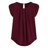 duxyoz Damenblusen, lässig, Flügelärmel, Sommer-Top, plissiert, Rundhalsausschnitt, Chiffon-Oberteil, Schlüsselloch-Rückseite, elegante Bluse, niedliches Ausgeh-Top, kurzärmelig, Übergröße, Tunika