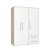 FORTE Jupiter Schrank 140 150, Kleiderschrank, Drehtürenschrank, 3-türig, mit 2 Schubladen und Einlegeböden, Holz Dekor: Sonoma Eiche, 145 cm breit x 59 cm tief x 200 cm hoch