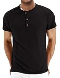 QUEZHU Henley T Shirt Herren Kurzarm Baumwolle Slim Fit Sportshirt Stehkragen T-Shirt Herren Gym Sommer T Shirts mit Knopfleiste für Männer Schwarz L