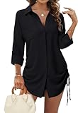 Tanmolo Bluse Damen Longbluse V-Ausschnitt Hemdbluse Langarm Tunika mit Kordelzug Lässiges Langarmshirt zum Knöpfen Casual Aufrollen Tops Schwarz L