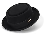 KorhLeoh Pork Pie Hut für Herren - Schwarze Wolle, Flache Oberseite, Fedora & Trilby Hut, Unisex, Porkpie-Hüte (S/M), Schwarz, Kurze Krempe, Stil B, M