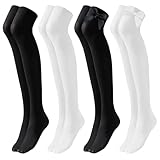 ZOCONE 4 Paar Weiß Schwarz Overknees Strümpfe Damen Eisseide Thigh Highs, Krawatte Schmetterling Kniestrümpfe Socks Lange Baumwollsocken Freizeitsocken mit kurzem Rock für Frühling Sommer Herbst