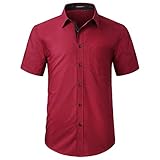 HISDERN Herren Hemd Kurzarm Freizeithemd Businesshemd Herren Rot Kurzarm Hemden Regular Fit Bügelfreies Herrenhemd mit Brusttasche,L