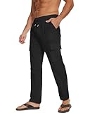 LVCBL Herren Lange Hose Baumwolle Leinenhose Lässige Strandhosen Schwarz L