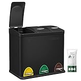 SONGMICS Mülleimer Küche, 3 x 8 L, kleine Kapazität, Mülltrennsystem 3 Fächer, Abfalleimer mit Deckel, Stahl-Treteimer für kleine Familien, Pedale und Inneneimer, schwarz LTB24BK