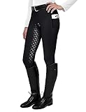 FitsT4 Sports Damen Reitleggings Silikon Vollbesatz Reithose mit Handytasche und Gürtelschlaufen,Schwarz,Gr.M
