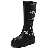 Gicoiz Damen Knee High Schnalle Keilabsatz Plateau Gothic Motorradstiefel Runde Zehen Stylish Equestrian Party Schnalle Punk Reitstiefel Schwarz-Pu Gr 41 EU-43Cn