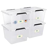 astor24 Aufbewahrungsbox mit Deckel - 4x 32 L - transparent Organizer - lebensmittelecht - stapelbar. Ideal für Büro, Kinderzimmer, Kleiderboxen - Plastikbox für Küche - Werkstatt