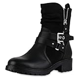 VAN HILL Damen Biker Boots Blockabsatz Schnallen Trendy Schuhe 216382 Schwarz 39