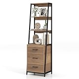 THECYHC Bücherregal mit 4 Ebenen & 3 Schubladen, Standregal Holz & Metall, Vintage Regal Industrie-Stil, Aufbewahrungsregal Leiterregal Organizer für Wohnzimmer Büro Küche, 51x40x175cm (Natur)