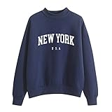 Generisch Pullover Damen Sweatshirt Briefe Drucken Langarm Rundhals Pulli Winter Frauen New York Druck Locker Casual Oberteil Sport Streetwear Teenager Mädchen Sweatshirts ohne Kapuze Bluse Tops