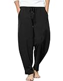 COOFANDY Herren Leinenhosen Sommer Hippie Hose Männer Hosen mit Taschen Yogahose Strandhose Lange Schwarz M