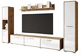 MINIO - Wohnwand Wohnzimmer 4-teilig Toga, Wohnzimmer Möbel Set, 1x TV Lowboard, 2X Hochschrank, 1x Wandboard, Wohnzimmermöbel Komplett, Wohnzimmer Set - Farbe Wotan Eiche/Weiss Hochglanz