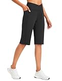 BALEAF Damen Bermuda Shorts Capri Yogahose mit Taschen Weite Bein Straighthose Hohe Taille Loose Lounge Activewear Hosen Casual Sommer Schwarz XL