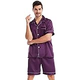 Einfarbige Satin-Nachtwäsche, weich, glatt, kurzärmelig, kurze Hose, Nachtwäsche für Herren mit Taschen, zwei Pyjamahosen, violett, S