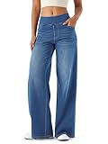 LaiEr Damen Denim Hose mit weitem Bein, hohe Taille, gerades Bein, lockere Passform, Unregelmäßiger handgeriebener Katzenschnurrhaarverlauf hohe Elastizität Casual Jeans(Medium BlueXL)