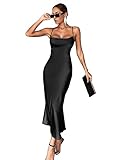 SheIn Damen Rückenfrei Maxikleid Satin Spaghettiträger Partykleid Ärmellos Lange Kleider mit Schnürung Schwarz XS