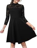 HOMEYEE Mädchenkleid Blumenspitze A-Linie 3/4 Ärmel Knielang Festliches Elegant Kinderkleider Partykleid für Hochzeit 9-14 Jahre (13-14 Jahre,Schwarz)