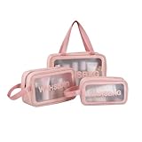 TTPSRY 3 Stück Kulturbeutel Transparent Flugzeug PVC Kosmetiktasche Wasserdicht Tragbare wasserdichte Kulturtasche Handgepäck-Reisezubehör Make-up Tasche für Männer Frauen Kinder Familie（Rosa）