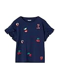 Vertbaudet Mädchen T-Shirt mit Pailletten-Applikation dunkelblau/Kirschen 146/152
