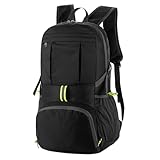 35L Leicht Faltbarer Rucksack, Packbare Backpacks, Wanderrucksack Ultraleicht, Wasserfest Outdoor Sportlich Backpack Travel Daypack für Herren Damen, Schwarz