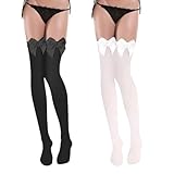 2 Paar Strümpfe mit Schleife,Samtige Satin Bogen Oberschenkel Hohe Strümpfe für Frauen,Elegante,Waschbar,Mittlere Dicke,Undurchsichtige Überknie Lange Socken,Ideal für Partys und Alltag(Weiß Schwarz)