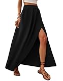 Zeagoo Rock Damen Lang Elegante Sommer Röcke A-Linie Elastische Hohe Taille Maxirock Einfarbig Flowy Freizeitrock Strandrock mit Schlitz Schwarz XXL