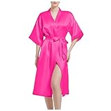 YOSUWOAI Satin Bademantel Damen Sommer Bathrobe Klassisch Pyjama Kuschelig Weich Loungewear Einfarbig Morgenrock Leicht Morgenmantel Kimono Hausmantel Leicht Nachtwäsche Bademäntel