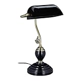Relaxdays Bankerlampe, neigbarer Glasschirm, Holzfuß, E27-Fassung, Schreibtischlampe Retro, Bibliothekslampe, schwarz, 44 x 26 x 19 cm