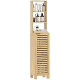 HOMCOM Badezimmerschrank schmal, Hochschrank Toilettenschrank mit 3 offenen Regalen, verstellbaren Regalen, Lamellentür, Badschrank aus Bambus für Badezimmer, Wohnzimmer 34 x 30 x 170 cm, Natur