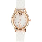 TOPPERFUN Ovalförmige Damenuhr mit Strassbesatz Analog Armbanduhr Leichtes Design Weiß Für Büro und Freizeit