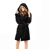 U2SKIIN Bademantel Damen mit Kapuze Plüsch Bademantel kurz weich warm Morgenmantel Damen leicht flauschig Bademäntel für Damen (Schwarz, S/M)