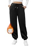Niwicee Damen Gefütterte Jogginghose Fleece Freizeithose Warm Thermo Fleecehosen Gefüttert Sporthose, mit 2 Taschen Sweathose Damenhose Sweatpants mit Gummizug Winter Verdickte (Schwarz, L)