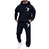 Generisch Herren-Sweatshirt-Set mit, lässiger Basketball-Print, Jogger-Outfit, bequemer Streetwear-Trainingsanzug für den Winter (Black, XL)