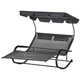 Outsunny Doppel-Sonnenliege Schaukelbank mit Sonnendach, Gartenliege mit Rollen, Schaukelsessel mit Kopfkissen, 220 kg Belastung, für 2 Personen, 200x139x140cm, Dunkelgrau